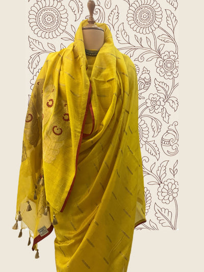 Yellow & Brick Cotton Jamdani Saree