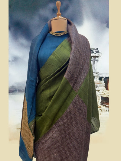 Padmanabh Blue& mehandi Raw Silk Saree