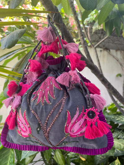 Magical Garden Grey & Magenta Cotton Potli