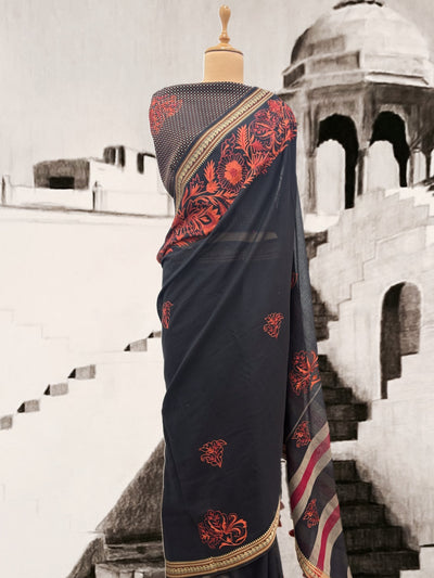 Jhalawar Black Embroidered Cotton Saree