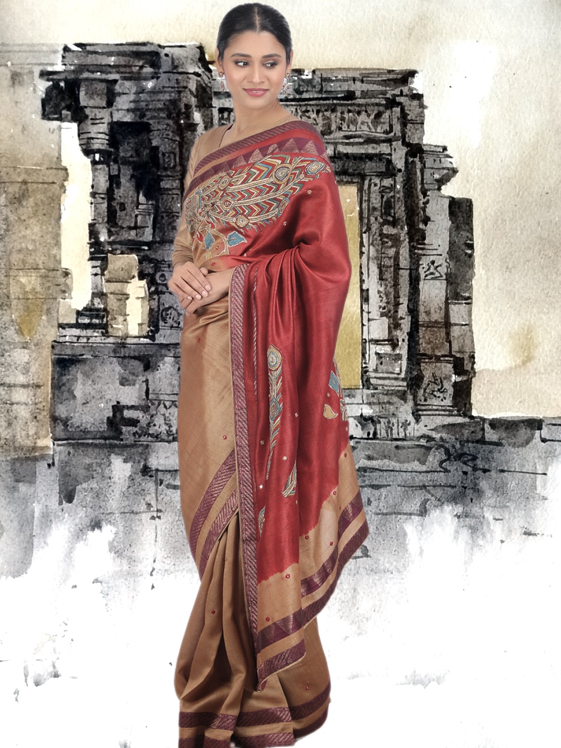 Nalgonda Gold Kalamkari Tussar Saree