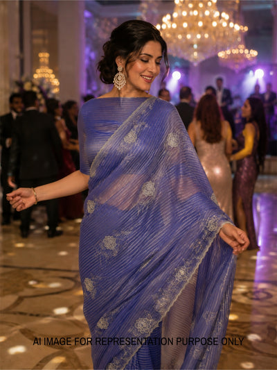 Celebrity Blue Embroidered Tissue Saree