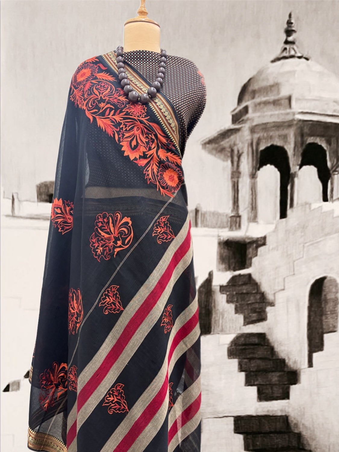 Jhalawar Black Embroidered Cotton Saree