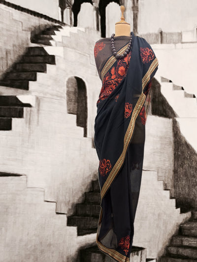 Jhalawar Black Embroidered Cotton Saree