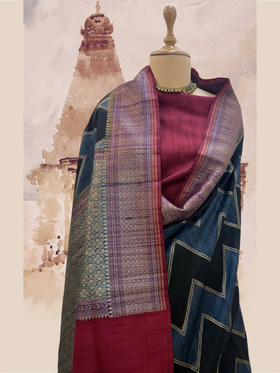 Nalanda Grey & Charcoal Raw Silk Saree