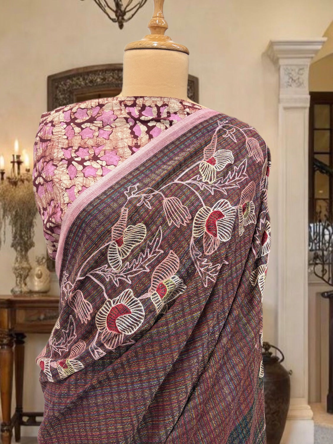 Coffee & Pink Embroidered Cotton Saree