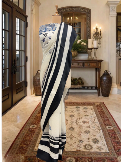 White & Black Embroidered Cotton Saree
