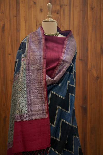 Nalanda Grey & Charcoal Raw Silk Saree