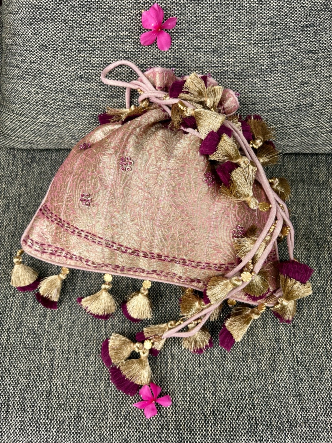 Gopura Pink Tissue brocade Potli