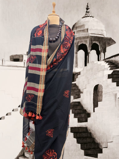 Jhalawar Black Embroidered Cotton Saree