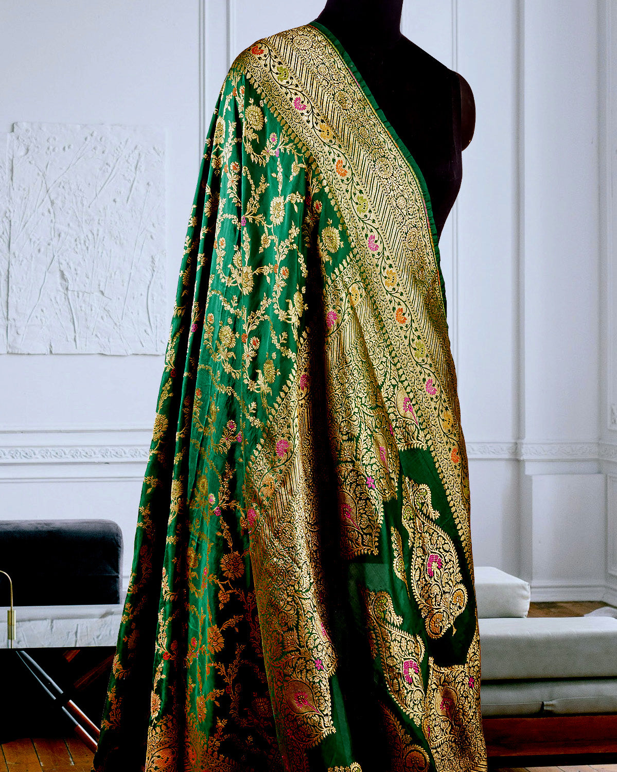 Zeenat mahal Emerald Green Katan Silk Sari