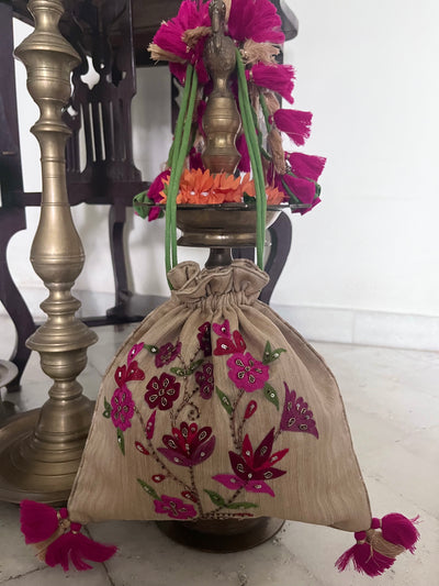 Mogra Beige & Lilac Raw Silk Potli