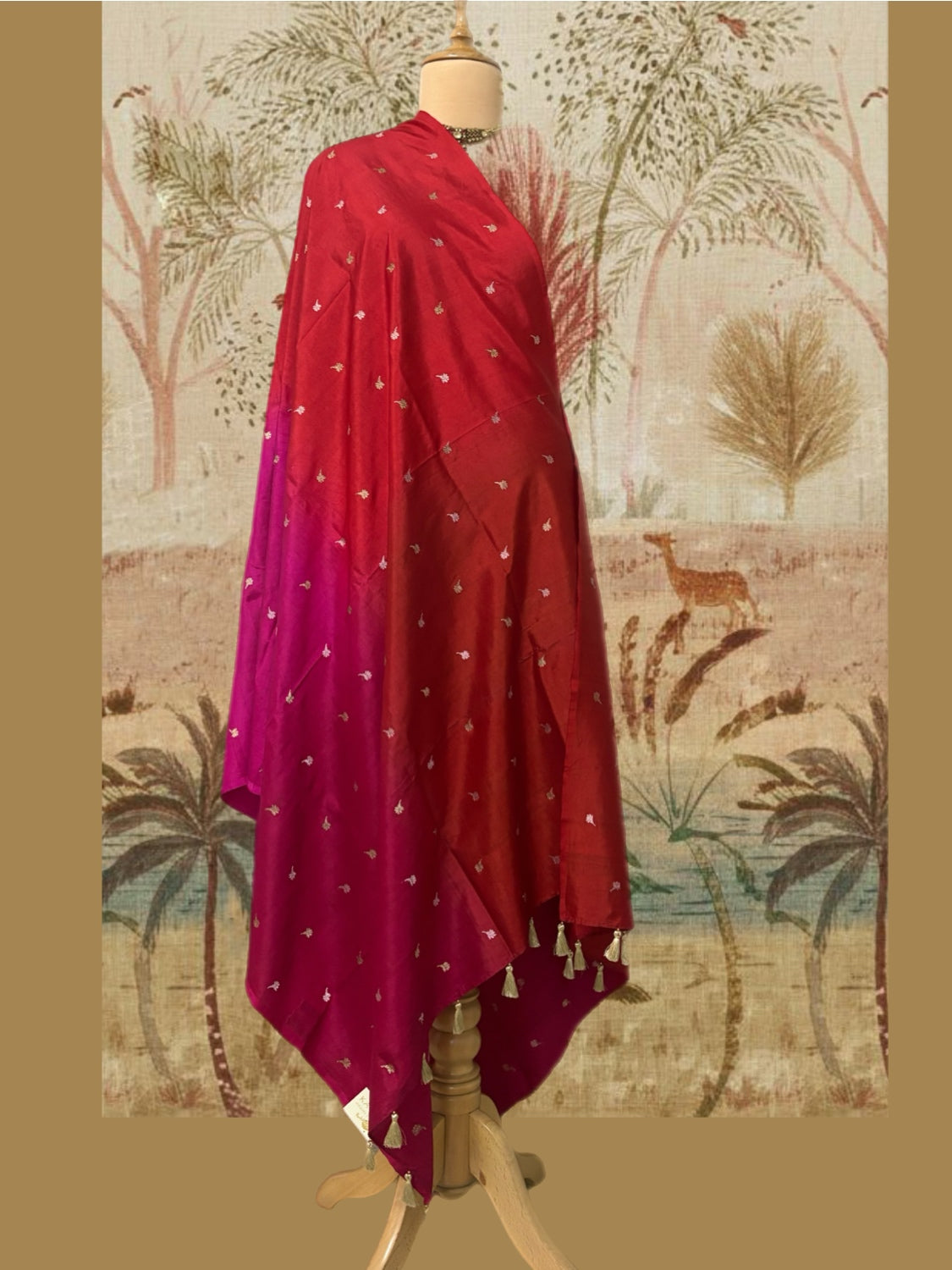 Picasso Shaded Red & Pink Booti Silk Dupatta