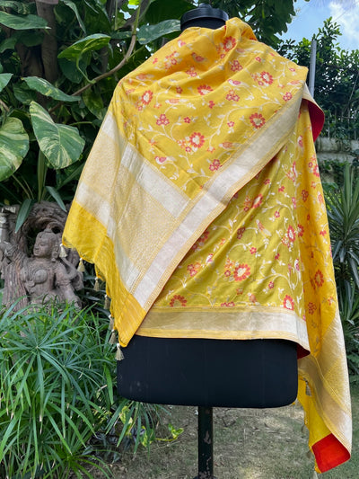 Kesar Van Shikar Yellow Silk Dupatta