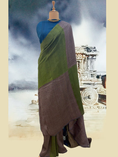 Padmanabh Blue& mehandi Raw Silk Saree