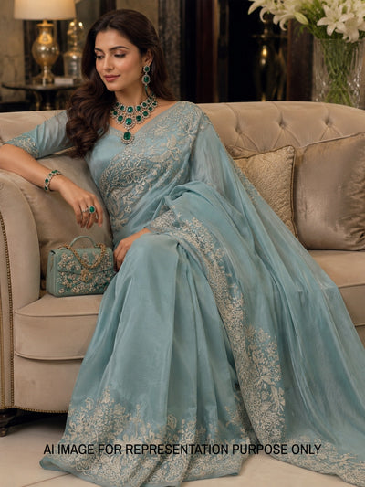 Zenobia Sea Green Crinkled Tissue Sari