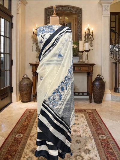 White & Black Embroidered Cotton Saree
