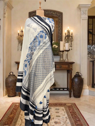 White & Black Embroidered Cotton Saree