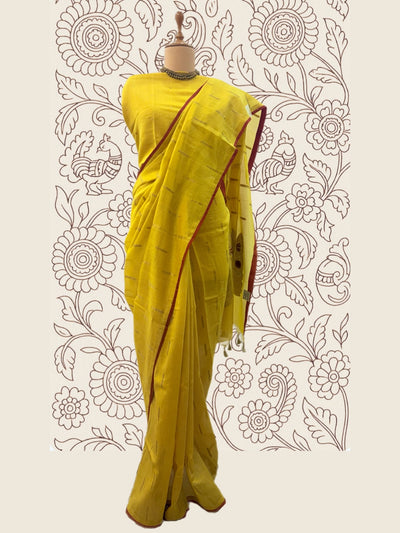 Yellow & Brick Cotton Jamdani Saree