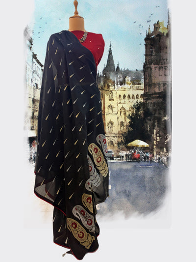 Black & Red Cotton Jamdani Saree