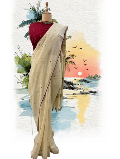 Off White & Red Cotton Jamdani Saree