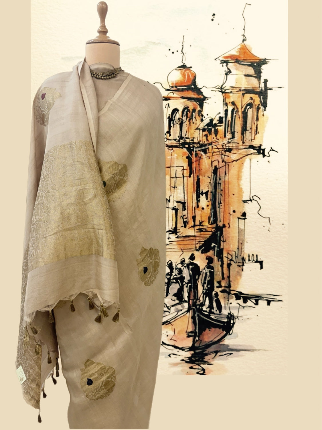 Moksha Gold ivory Matka Georgette Saree
