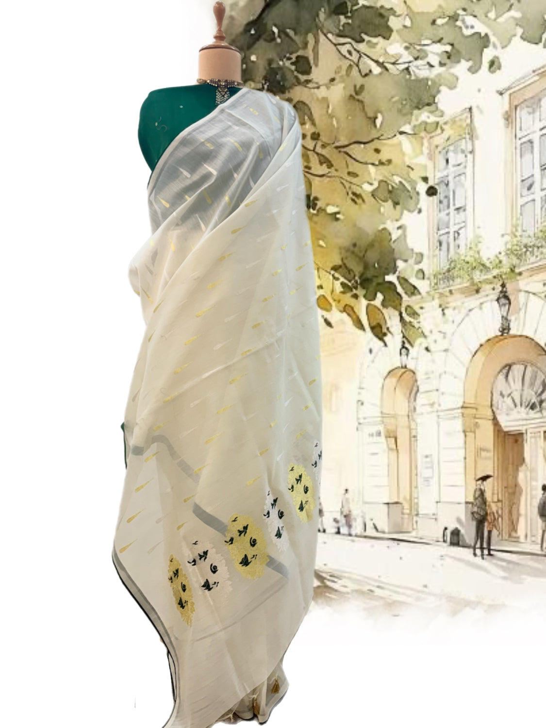 White & Green Cotton Jamdani Saree