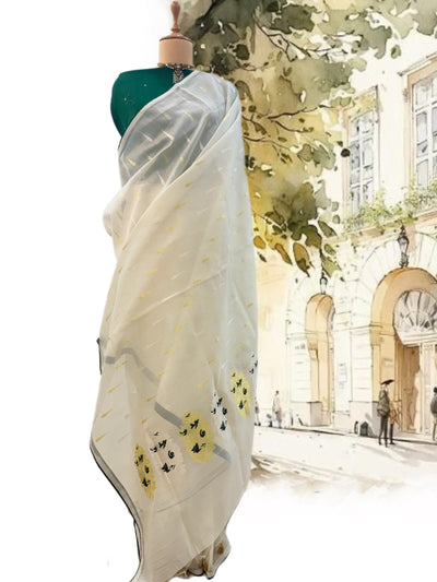 White & Green Cotton Jamdani Saree