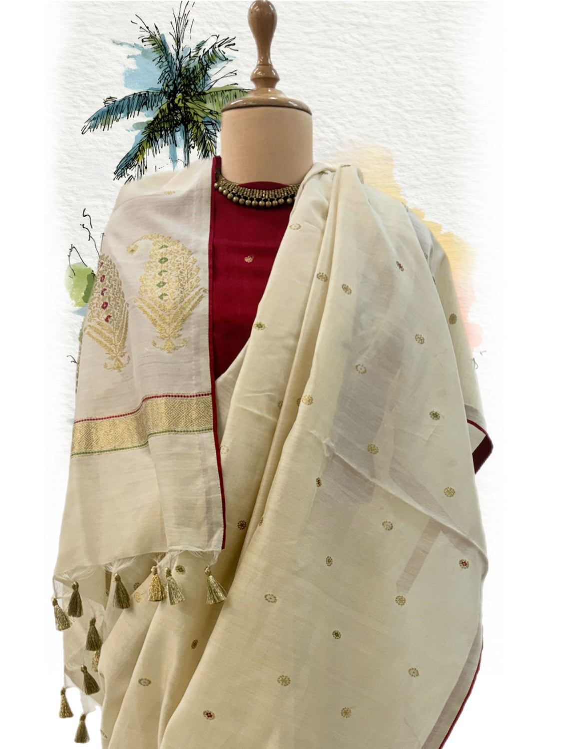 Off White & Red Cotton Jamdani Saree