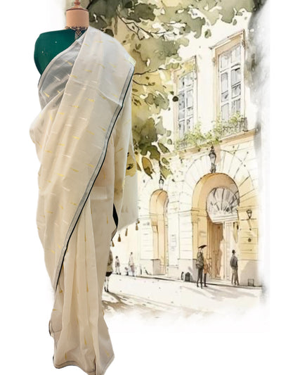 White & Green Cotton Jamdani Saree