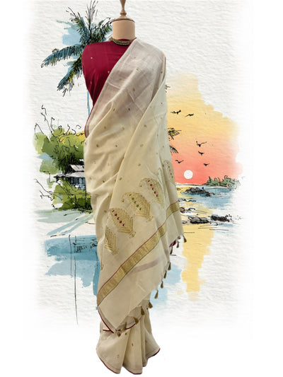 Off White & Red Cotton Jamdani Saree