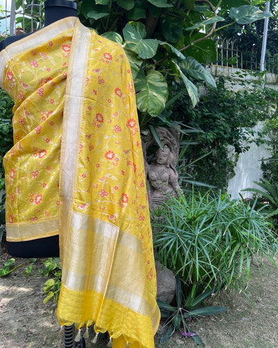 Kesar Van Shikar Yellow Silk Dupatta