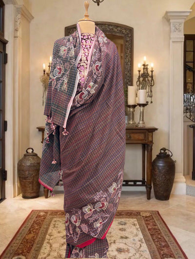 Coffee & Pink Embroidered Cotton Saree