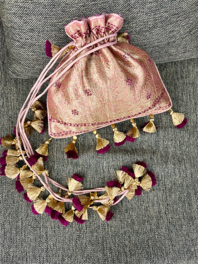 Gopura Pink Tissue brocade Potli