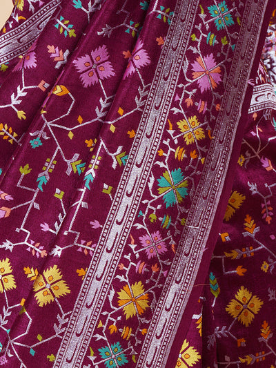 Pinjore Wine Tussar Georgette Saree