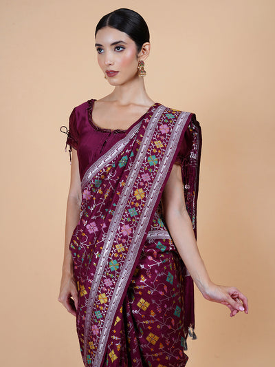 Pinjore Wine Tussar Georgette Saree