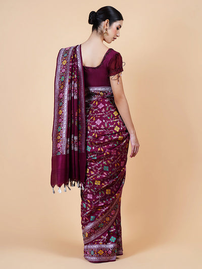 Pinjore Wine Tussar Georgette Saree