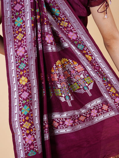 Pinjore Wine Tussar Georgette Saree