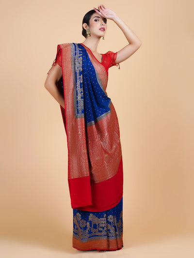 Vijayanagram Blue and Red georgette Silk Saree