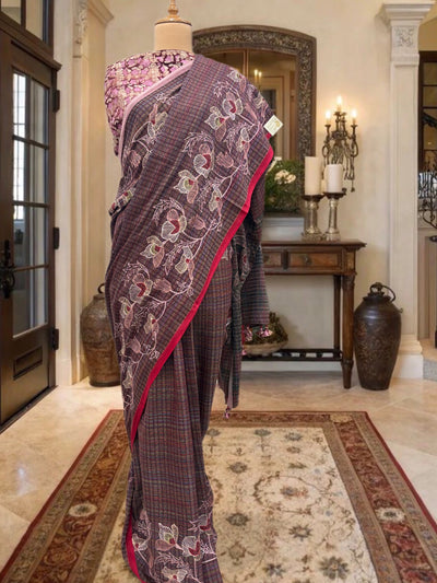 Coffee & Pink Embroidered Cotton Saree