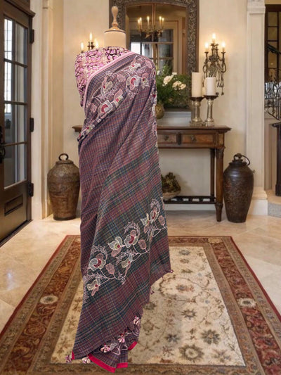 Coffee & Pink Embroidered Cotton Saree