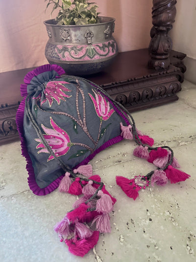 Magical Garden Grey & Magenta Cotton Potli