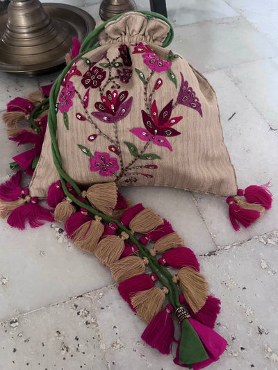 Mogra Beige & Lilac Raw Silk Potli