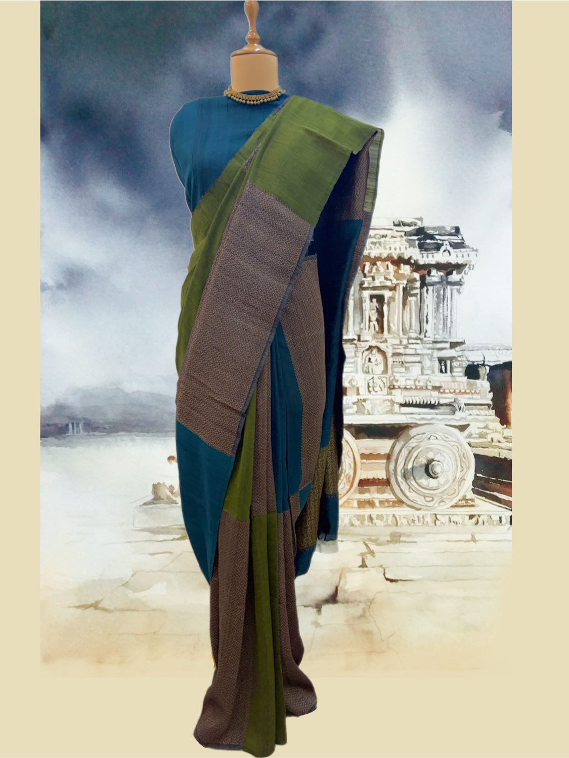 Padmanabh Blue& mehandi Raw Silk Saree