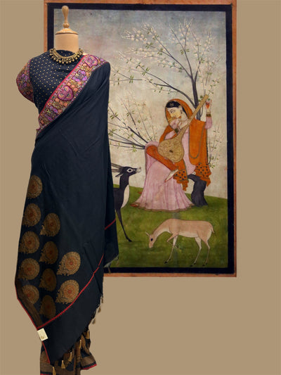 Zanskar Black Kashmiri Matka Georgette Saree