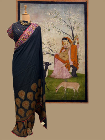 Zanskar Black Kashmiri Matka Georgette Saree