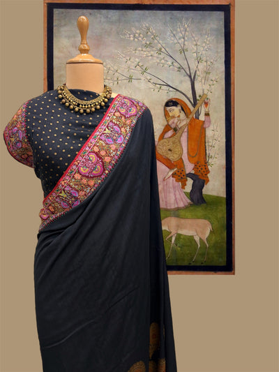 Zanskar Black Kashmiri Matka Georgette Saree