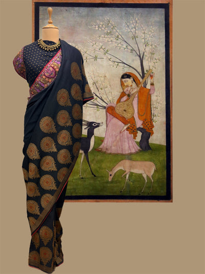 Zanskar Black Kashmiri Matka Georgette Saree