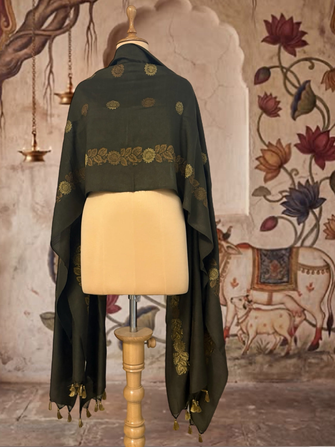 Firdaus Olive Green Matka Georgette Dupatta