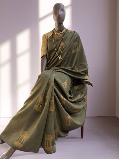 Jharokha Olive Green Matka Georgette Saree